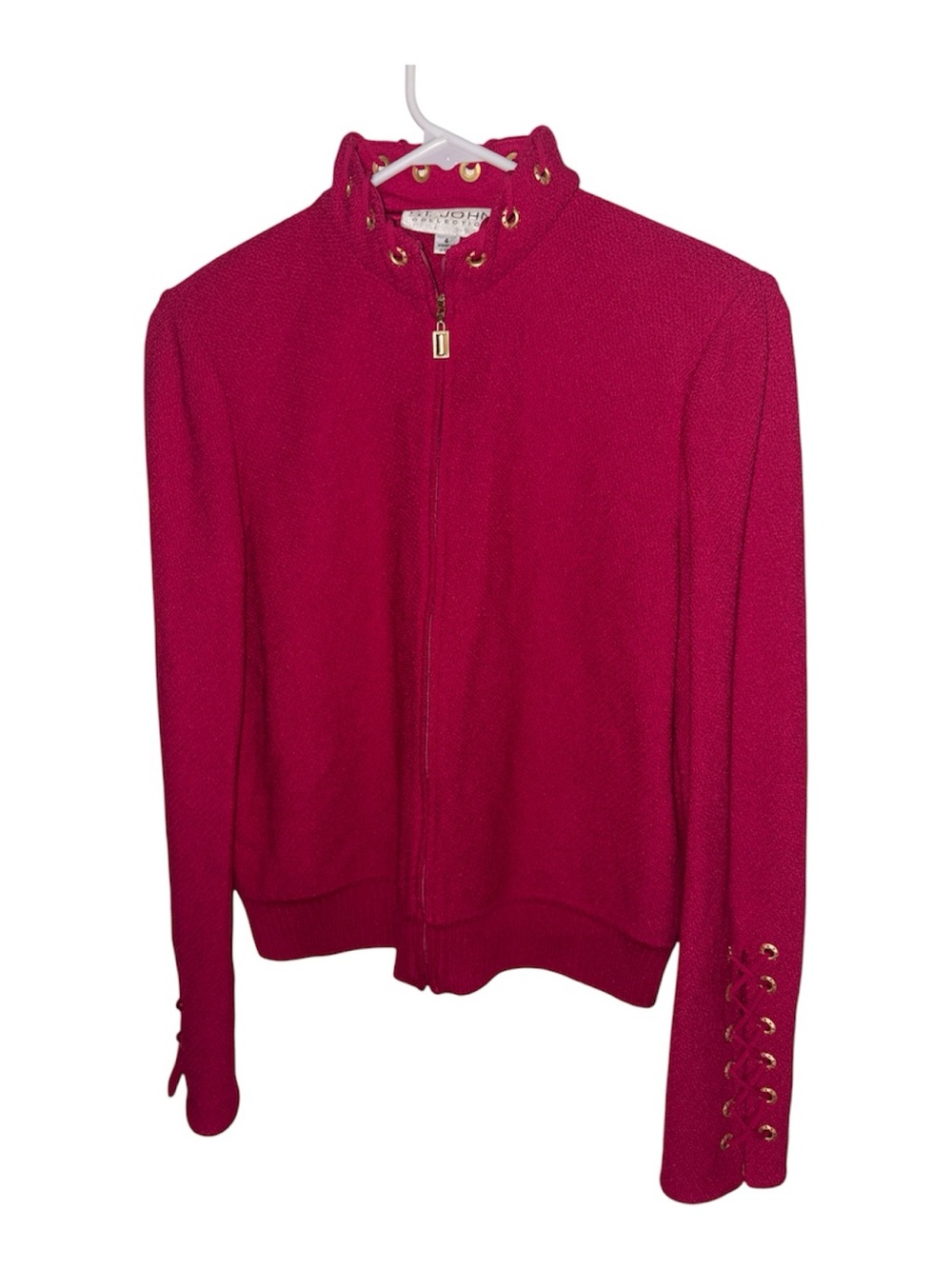 St. John Fuchsia Zip-Up Jacket with Grommet Details high neck cross ties 4
